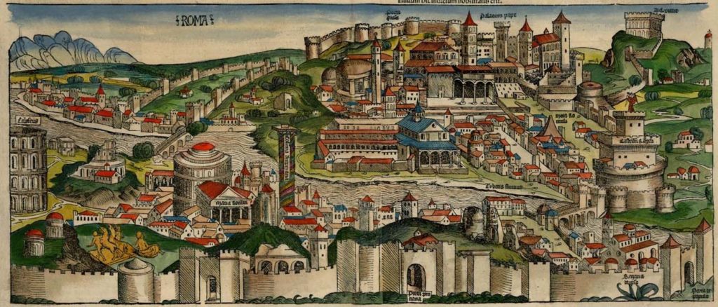 Mappa di Schedel 1493 in cui si vedono le due cappelle in testa al ponte Sant'Angelo