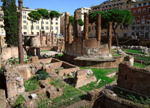 Area sacra di Largo Argentina - In primo piano il luogo dove venne ucciso Cesare.